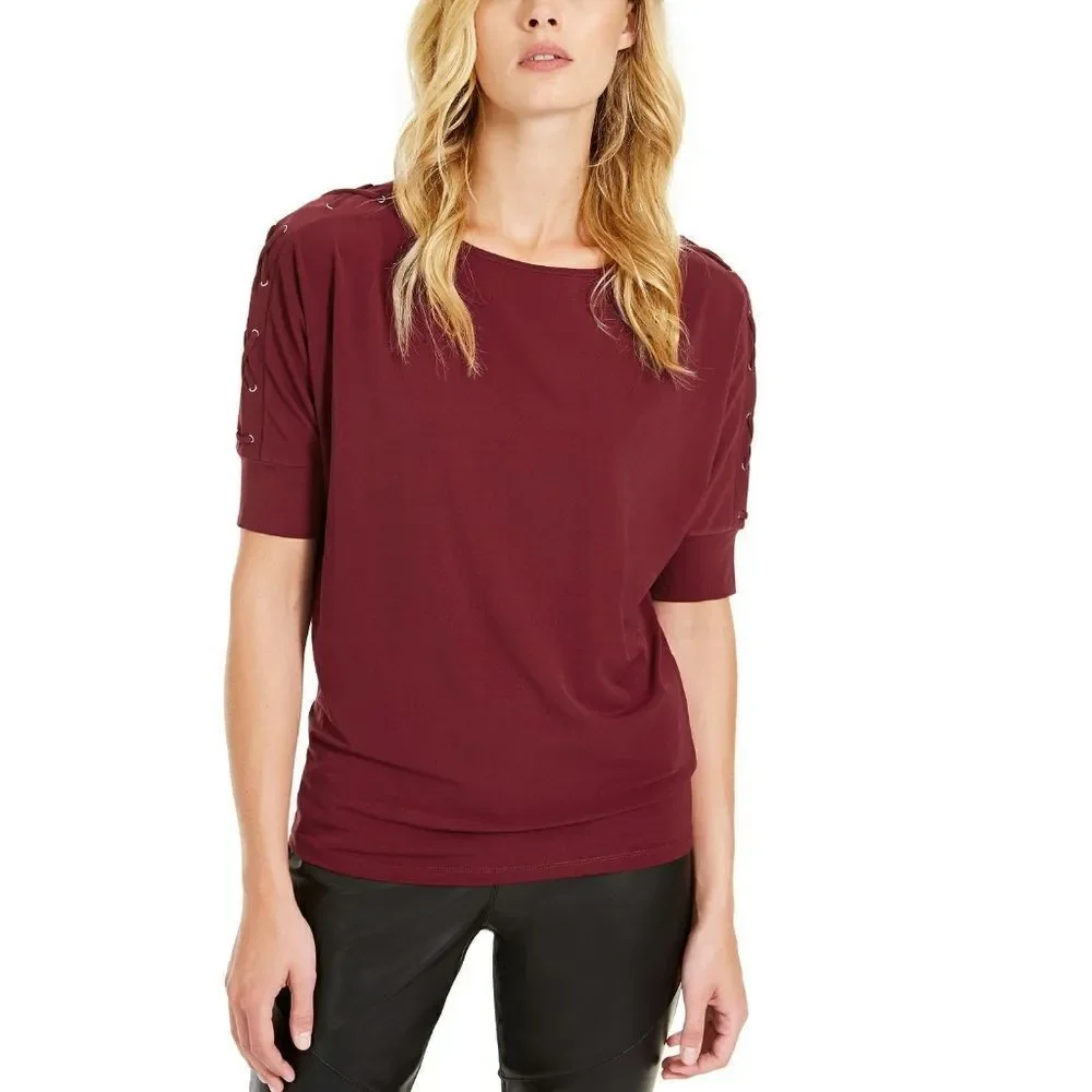 New! MICHAEL KORS Women's Dolman Lace-up Grommet Sleeve Top Blouse Red Size XL